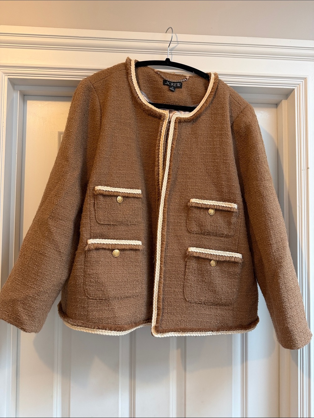 J. Crew Brown Bouclé Lady Jacket with Cream Trim - Size 20